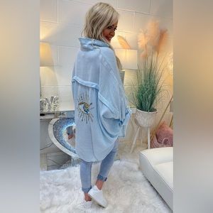 NWT Baby Blue Oversized button up Shirt with sequin appliqué, size O/S